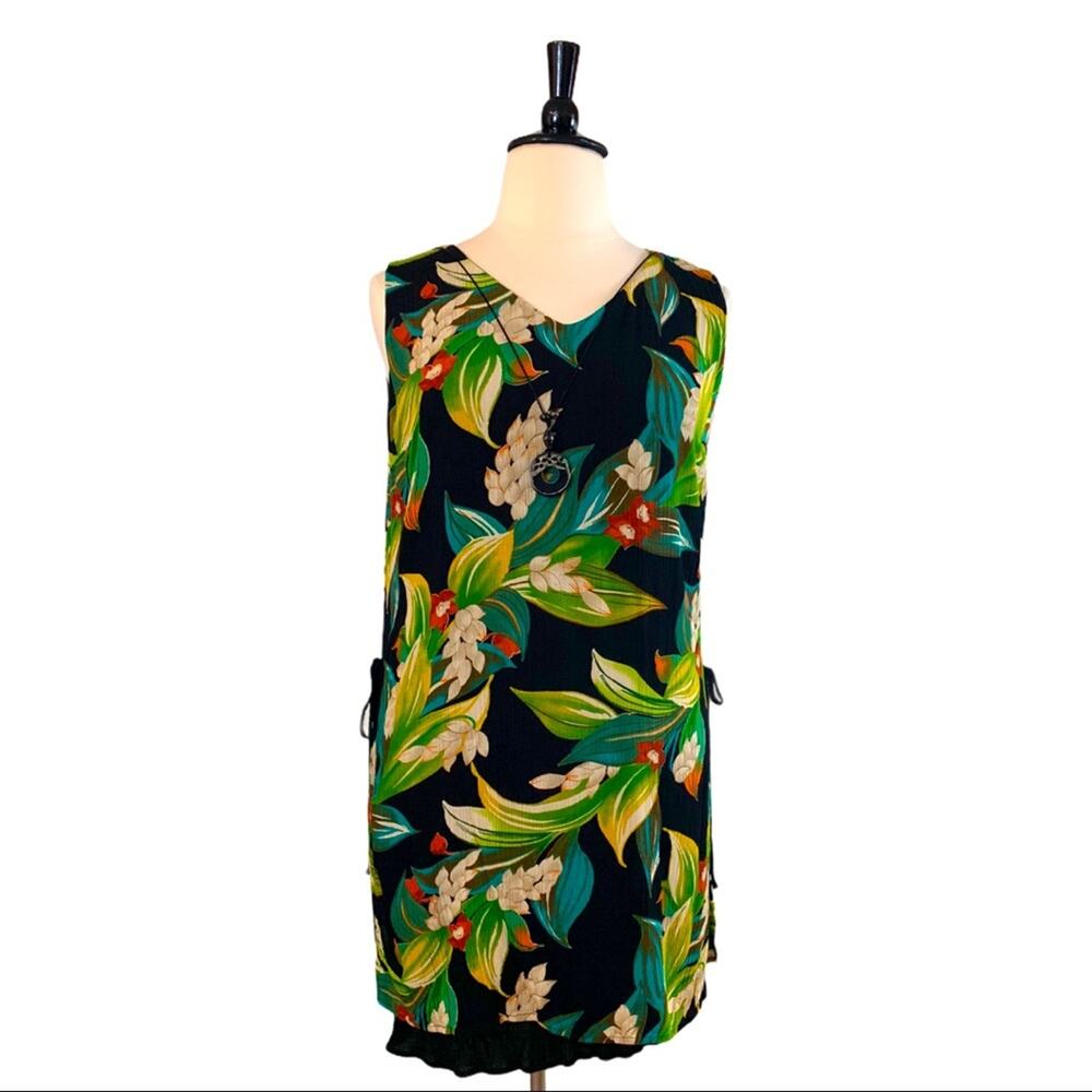 Saint Tropez West Y2K Tropical Shift Dress Size 14 Black Green Multi V-neck